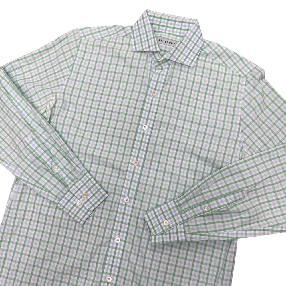 Twillory Dress Shirt Mens 15.5 32/33 Green Blue Gingham Tailored Fit Long Sleeve